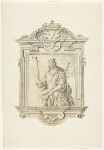 Baroque frame with a kneeling martyr holding a cross and an axe