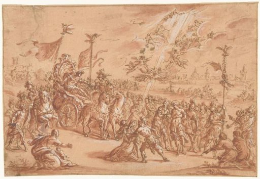 A holy bishop kneels beside the procession of a Roman Emperor