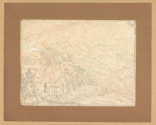 Mountain landscape with building, with a passer-by in the foreground