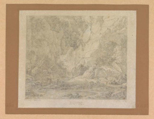 Sappho by a lake in a mountain landscape