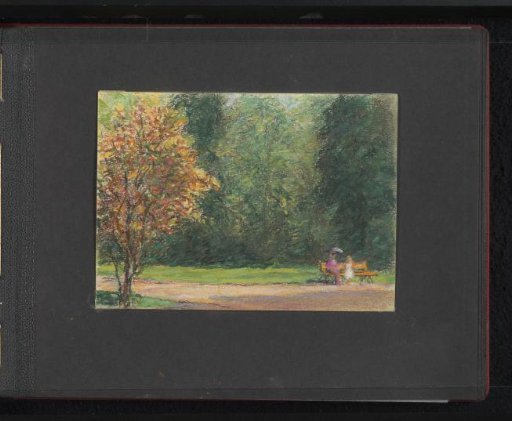 Park with trees and a woman with a child on a bench