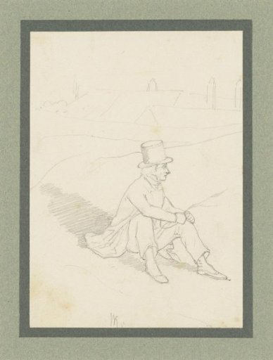 Seated young man with a tall hat, at the edge of a town