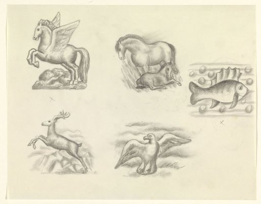 Pegasus, horse with foal, fish, stag and a seagull