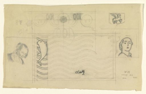 Rectangle with waves, a fish and two faces