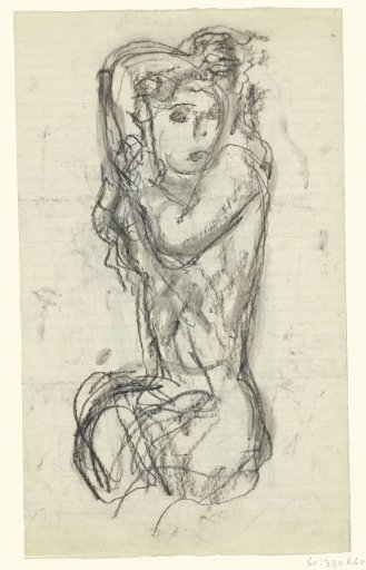 Kneeling nude woman with her hands in her hair