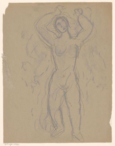 Nude woman with hands above her head