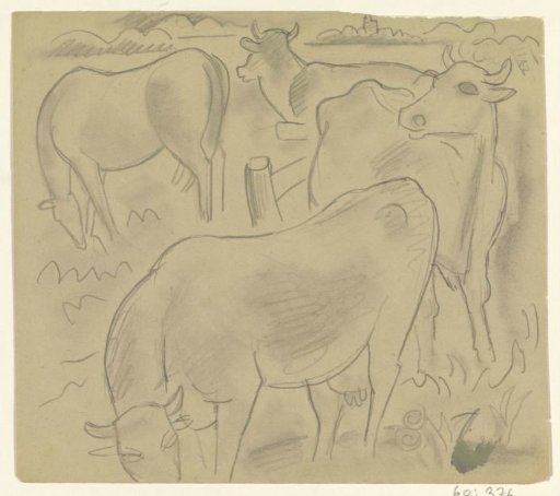 Three Cows and a Horse in the Meadow