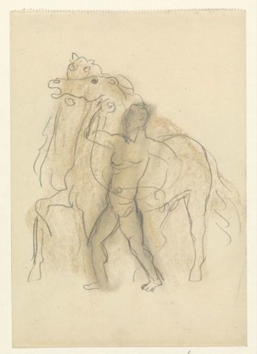 Man holding two horses in check