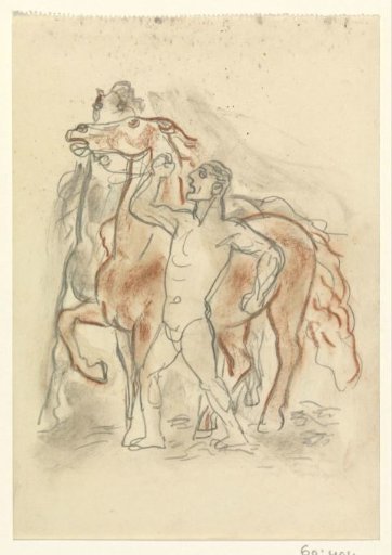 Naked man holding two horses in check