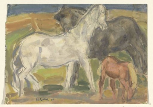 Two horses and a foal in a landscape