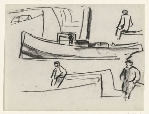 Harbor with a ship and three men