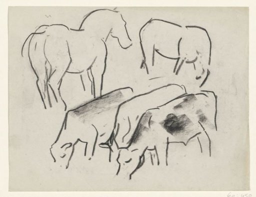 Three grazing cows and two horses
