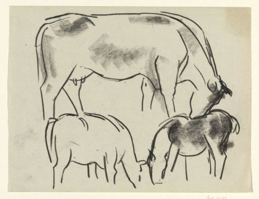 Two grazing cows and a horse