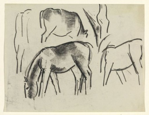 Grazing horses and cow