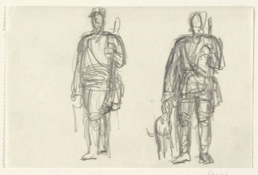 Two figures with a dog