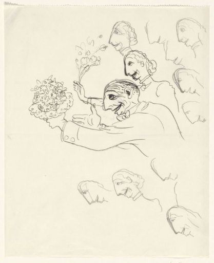 Caricature of Leo Gestel and his wife with flowers in hand