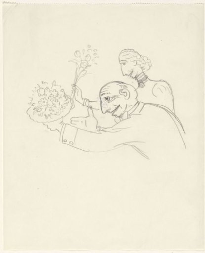 Caricature of Leo Gestel and his wife with flowers in hand