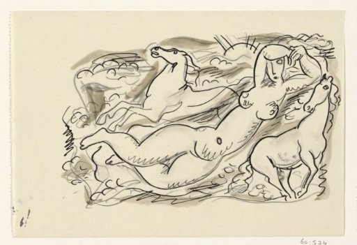 Naked woman and two horses in the sea