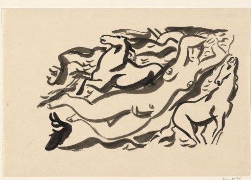 Naked woman and two horses in the sea