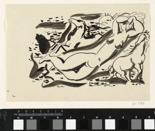 Naked woman and two horses in the sea