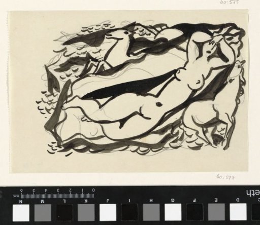 Naked woman and two horses in the sea