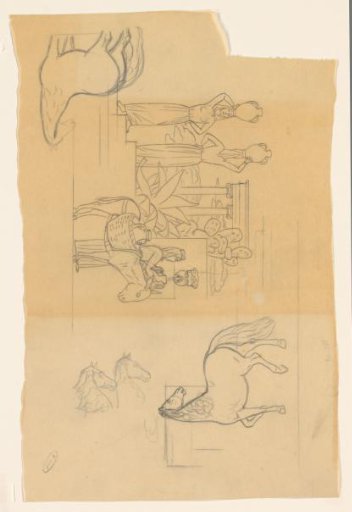 Study sheet with women and a donkey at a temple and four horses