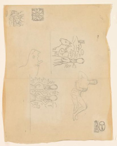 Study sheet with women carrying water jugs on their heads and other sketches