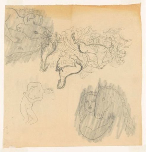 Study sheet with a reclining man, three horses and a woman with a horse