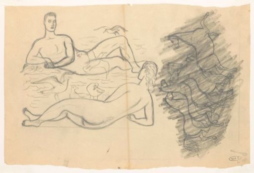 Naked man and woman on the beach, surrounded by seagulls
