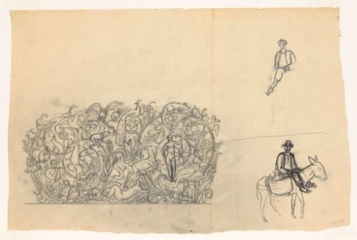 Study sheet with a man on a donkey and an ornament