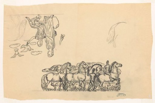 Study sheet with two men with horses and two women with doves