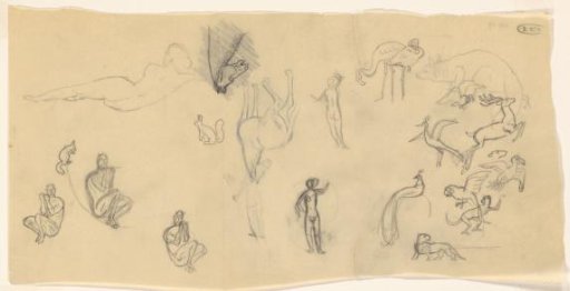 Study sheet with satyrs, nudes, and various animals