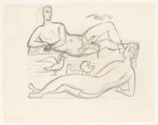 Naked Man and Woman on the Shoreline, Surrounded by Seagulls
