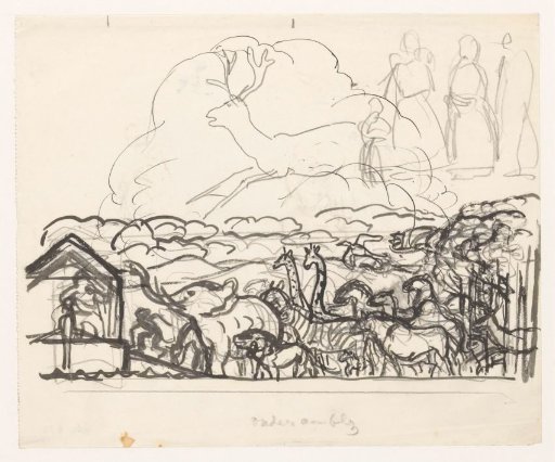 Study Sheet with a Deer, Figures, and Animals Boarding Noah's Ark