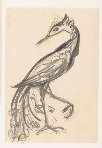 Heron with its head turned backward and one leg raised