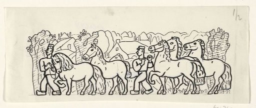 Two Peasants Leading Their Horses Through a Village