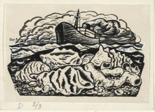 Steamship at Sea with Shells on the Beach