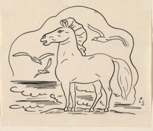 Horse in the Surf with Three Seagulls