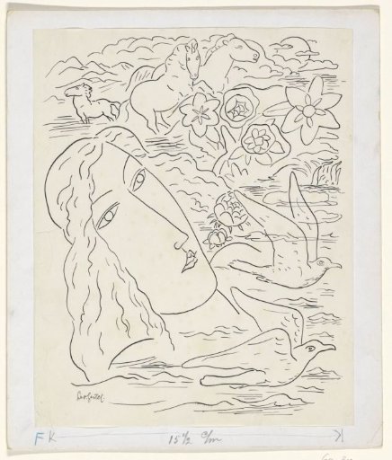Woman's Head with Seagulls, Horses, and Flowers