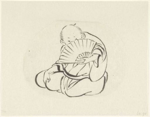 Seated man with a fan before his face