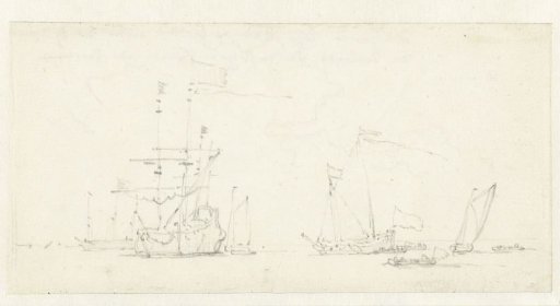 Frigate surrounded by small vessels