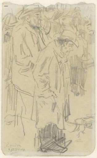Sketch sheet with figures and a dog on the street in London