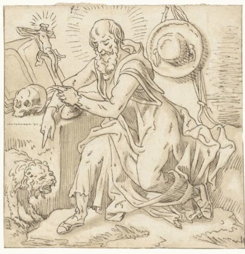 St. Jerome seated by a crucifix, book and skull