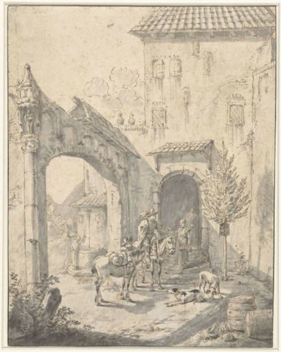 Two riders knocking at the door of an inn