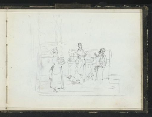 Interior with two women and a man