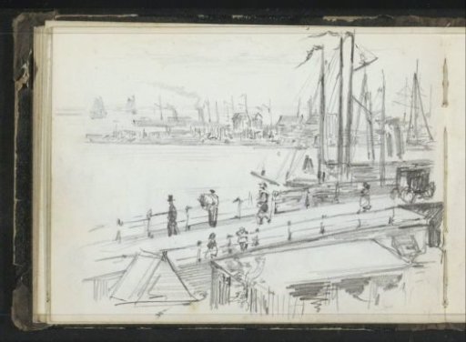 Figures on a boulevard by a harbour