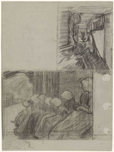 Girls at work in a row and a sketch of a path