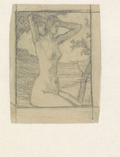 Seated female nude in a landscape