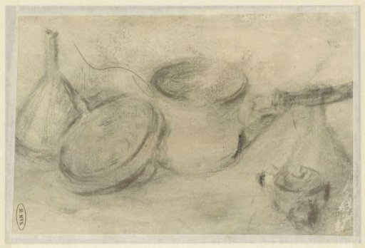 Sketch of a still life of pans and a bottle