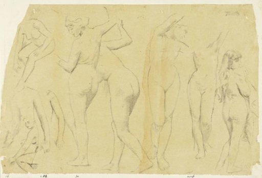 Nine studies of female nudes, of which two standing and facing front, and three standing seen from the back